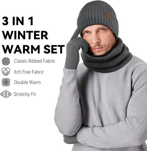 Miniatura 26 de OZERO Juego de 3 piezas de gorro de invierno y bufanda para mujeres y hombres: guantes para pantalla táctil, gorro de punto, calentador de cuello
