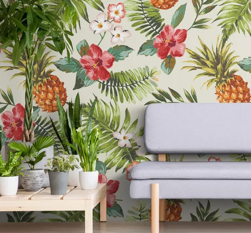Miniatura 5 de Mural de pared con ambiente tropical de piña. Papel tapiz hawaiano para despegar y pegar, decoración temática Paradise Vibe. #6447