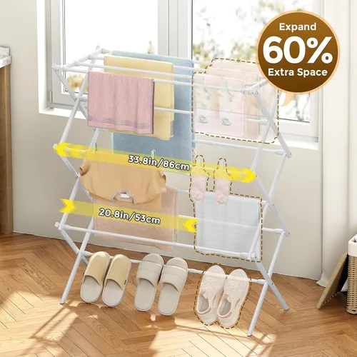 Miniatura 2 de KINGBOARD Tendedero de secado de ropa plegable con 11 postes, estante de secado de lavandería de 3 niveles, estante de secado de ropa pequeño Blanco