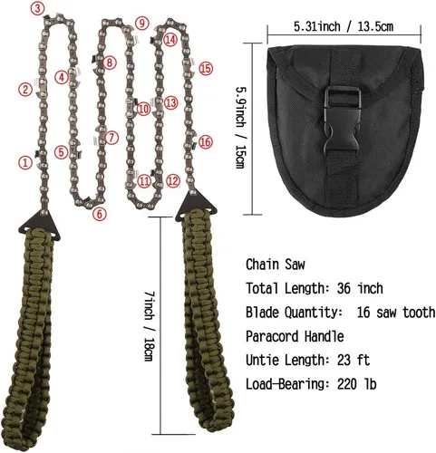 Miniatura 2 de Sierra de bolsillo con mango de paracord de 36 pulgadas, sierra de mano de cadena larga de 16 dientes, corte rápido de madera y árboles