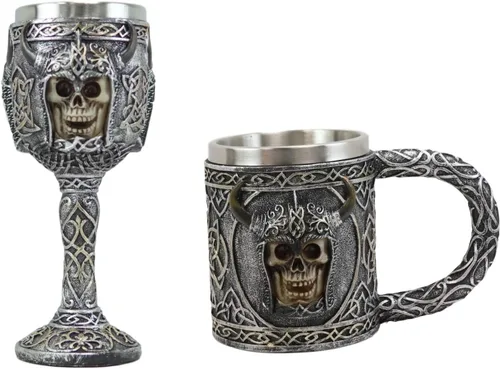 Miniatura 10 de Ebros - Calavera vikinga berserker con casco con cuernos de bisonte, copa de vino de 7 onzas con patrones de nudos celtas, taza de cáliz vintage