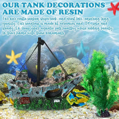 Miniatura 6 de Wenqik Decoraciones de Acuario Grandes, Naufragio Hundido de Resina, Cofre del Tesoro Submarino, Ruinas de Castillo Antiguo Túnel Casa, Plantas