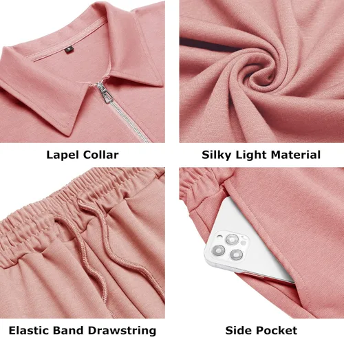 Miniatura 5 de URRU Conjunto casual de polo y pantalones cortos de manga corta para hombre, conjunto de dos piezas, conjunto deportivo con cremallera para hombre