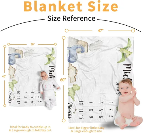 Miniatura 7 de Manta de hito mensual personalizada para bebé, nombre personalizado con diseño de dinosaurio, fondo de fotografía, manta de felpa suave con respaldo
