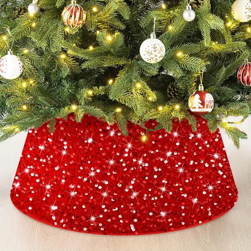FANPROMS Collares de Árbol de Navidad para Árboles Artificiales Base de 23.6 Pulgadas de Diámetro Falda de Árbol de Lentejuelas Rojas Moderno Anillo