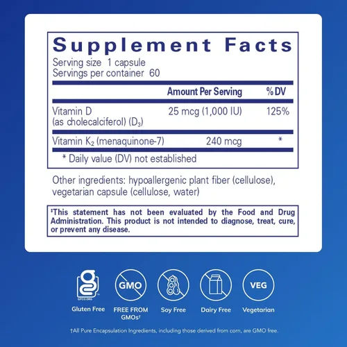 Miniatura 2 de Pure Encapsulations PureHeart K2D - Suplemento para la salud del corazón* - con vitamina K2 y D3 - Colecalciferol Vitamina D y MK-7 - Sin OMG