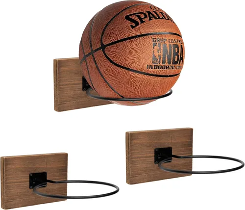 Miniatura 9 de GENMOUS Set of 3 Wood Basketball Holder Wall Mount Display for Boys Room Decor, Metal Ball Rack Display Stand for Basketball Football Volleyball