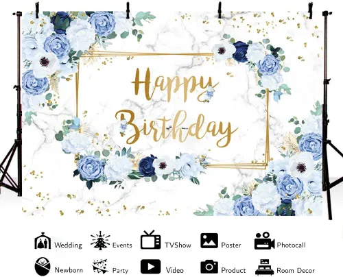 Miniatura 4 de MEHOFOND Telón de fondo de feliz cumpleaños de 7 x 5 pies, flores azules y blancas, fondo de fotografía de cumpleaños para niñas, puntos geométricos