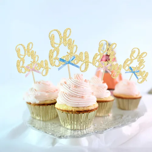 Miniatura 4 de Gyufise 36 piezas Adornos para cupcakes Oh Baby con moño azul y rosa, brillante dorado, adornos para cupcakes de baby shower, adornos para cupcakes