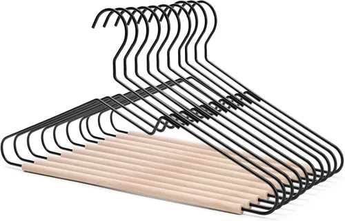Nature Smile Paquete de 10 perchas de metal negro mate de alta calidad con una barra de pantalones de madera de haya lisa, colgador único para