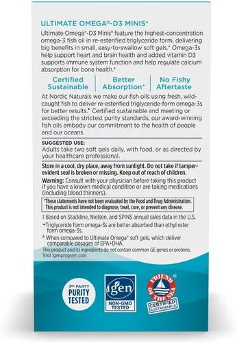 Miniatura 6 de Nordic Naturals Ultimate Omega Mini D3, sabor a limón, 60 mini geles suaves, 1120 mg de omega-3 + 1000 UI de vitamina D3, EPA y DHA, promueve