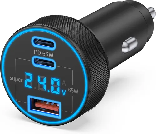 Cargador de coche USB C, 3 puertos 130 W súper rápido cargador USB encendedor de cigarrillos, 12-24 V USB tipo C adaptador de coche con pantalla de