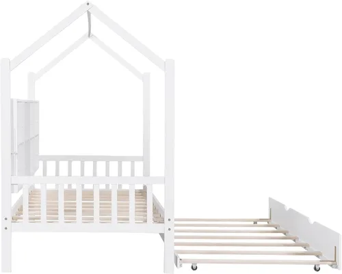 Miniatura 3 de Merax Cama de madera de tamaño individual, marcos de cama individual de madera maciza con nido y estante, cama de casa para niños, color blanco