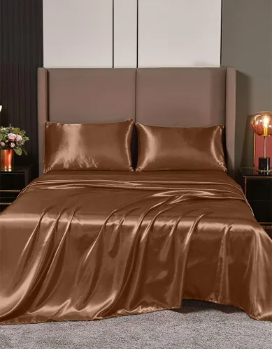 Miniatura 31 de Juego de sábanas de satén de seda de 4 piezas Sábana bajera Sábana encimera Funda de almohada Calidad de hotel sedoso suave y lujoso