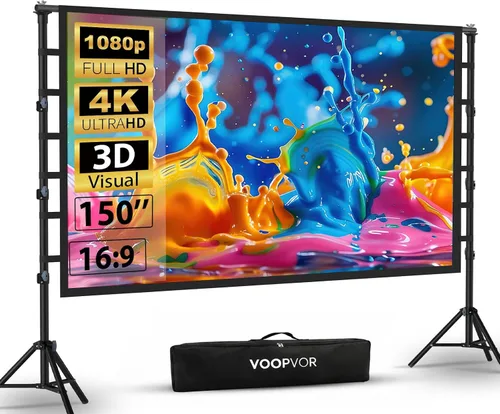 Pantalla de Proyector para Exteriores con Soporte de 150 Pulgadas: Pantalla de Proyección Portátil VOOPVOR y Soporte, Pantalla de Cine Interior