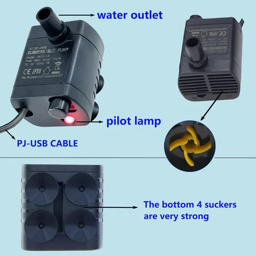 Miniatura 3 de Mini bomba sumergible USB, tubo de 1 M, CC 5 V, 0.7 W, bomba de banco eléctrica sin escobillas, fuente para mascotas, pequeño sistema hidropónico