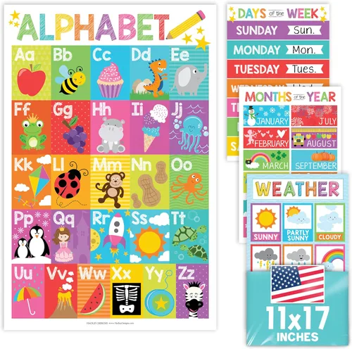 Hadley Designs Calendario de 4 alfabetos, meses del año, clima, días de la semana para niños, tabla ABC para pared para niños pequeños, gráficos