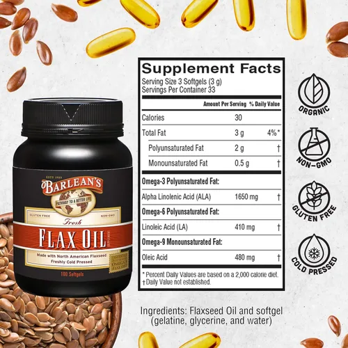 Miniatura 6 de Barlean's Suplementos de Aceite de Linaza Omega 3 6 9, Cápsulas Blandas de Linaza Prensadas en Frío con 1650 mg de Ácidos Grasos ALA, 100