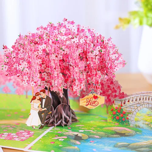 Miniatura 4 de Tarjetas de aniversario desplegables, flores de cerezo en 3D y pareja enamorada, San Valentín, tarjetas de boda para esposa, marido, ella, él
