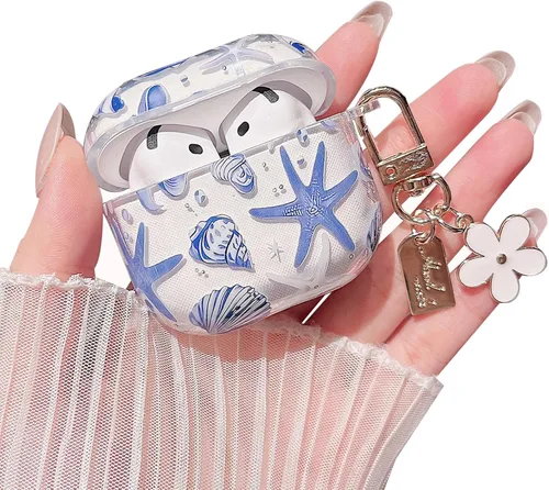 Miniatura 11 de MINSCOSE Compatible con AirPods Pro de 2ª/1ª generación, bonito diseño de patrón de conchas y estrellas de mar con llavero, funda protectora de TPU