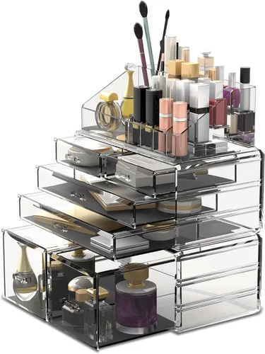 READAEER Organizador de maquillaje, 3 piezas, estuche de almacenamiento de cosméticos con 6 cajones (transparente)