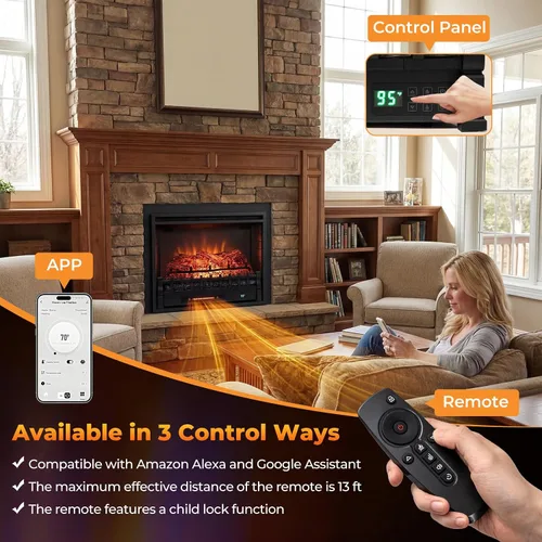 Miniatura 6 de Tangkula Juego de troncos de chimenea eléctrica de 26 pulgadas, 1500QW, con llama y brillo ajustables, control remoto/WiFi, asistente de Alexa