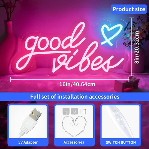 Miniatura 6 de Good Vibes - Letrero de neón rosa con corazón, luces LED rosas de 15.7 x 8 pulgadas, funciona con USB, letrero LED Good Vibes para dormitorio