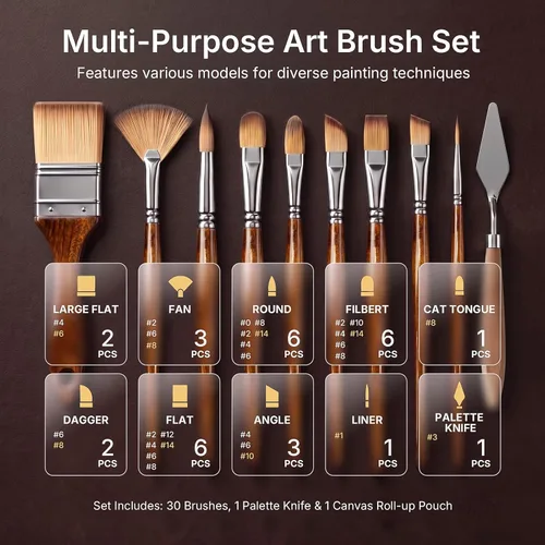 Miniatura 3 de Nicpro Juego de 30 pinceles de pintura, pinceles profesionales con espátula de pintura y rollo de tela, pinceles de pintura para acrílico, óleo