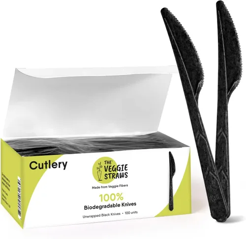 Cuchillos negros 100% biodegradables de alta calidad hechos de fibras vegetales, 100 piezas de 6.7 pulgadas de largo, cuchillos negros ecológicos