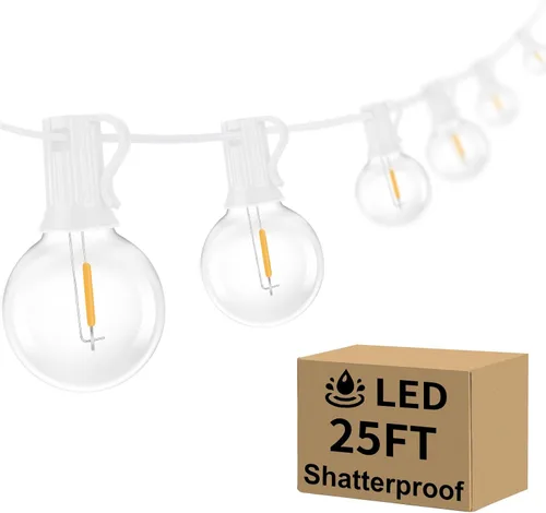 Bosceos Tira de luces LED G40 para exteriores, 25 pies, regulables, inastillables, impermeables, con 12+2 bombillas conectables, luz colgante Blanco