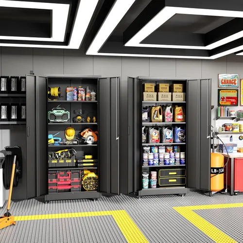 Miniatura 2 de Greenvelly Armario de almacenamiento de metal de 73 pulgadas con ruedas, gabinete de metal negro con cerradura con 2 puertas y 4 estantes
