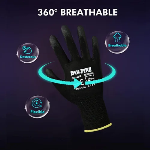 Miniatura 2 de DULFINE Guantes de trabajo ultrafinos con revestimiento de PU - 12 pares, excelente agarre, carcasa de nylon guantes de trabajo de seguridad