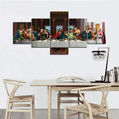 Miniatura 2 de The Last Supper - Pintura sobre lienzo para pared de sala de estar, 5 piezas, arte de pared de la última cena, retro, vintage, de madera, moderno