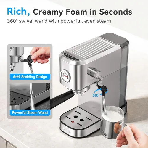 Miniatura 6 de XIXUBX Máquina de café espresso de 20 bares, compacta de acero inoxidable con espumador de leche y jarra de espuma de leche, cafetera para capuchino