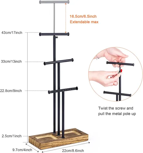 Miniatura 5 de Love-KANKEI Soporte organizador de joyas con base de metal y madera y almacenamiento grande para collares, pulseras, aretes, organizador negro