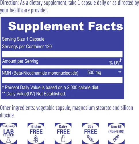 Miniatura 4 de UpNourish NMN 500 mg 120 cápsulas – Suplemento beta nicotinamida mononucleótido NAD – alternativa de ribósido de nicotinamida para mujeres y hombres