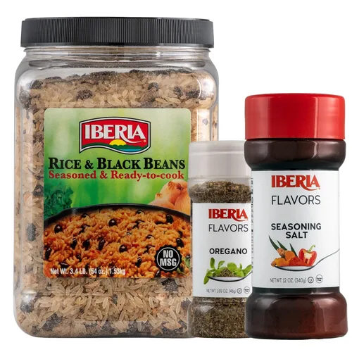 Iberia Sal de condimento, 12 onzas + Iberia Orgeano, 1.7 onzas + tarro de arroz Iberia y frijoles negros de 3.4 libras.