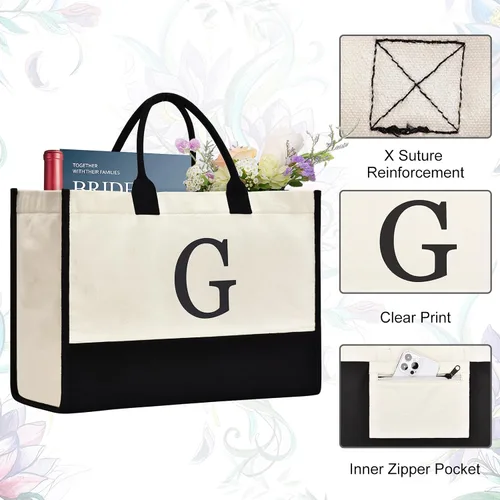 Miniatura 92 de Initial Canvas Tote Bag Birthdays Gift for Women Mom Teacher Friend Bridesmaid,Custom for Wedding Beach Holidays