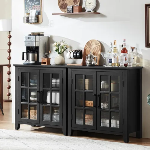 Miniatura 28 de Aparador Grande Buffet con Almacenamiento, 32" Mueble de Cocina Estilo Granja Azul Marino para Café y Vino con 2 Puertas de Vidrio, Mesa Aparador