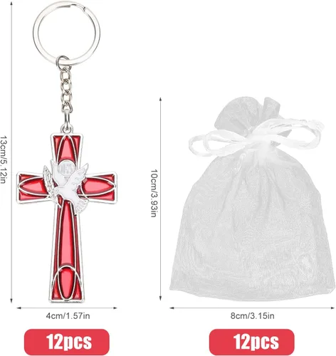 Miniatura 2 de PEUTIER 12 llaveros de cruz de paloma del Espíritu Santo rojo, llaveros de cruz y paloma con bolsas de gasa, recuerdos de confirmación católica