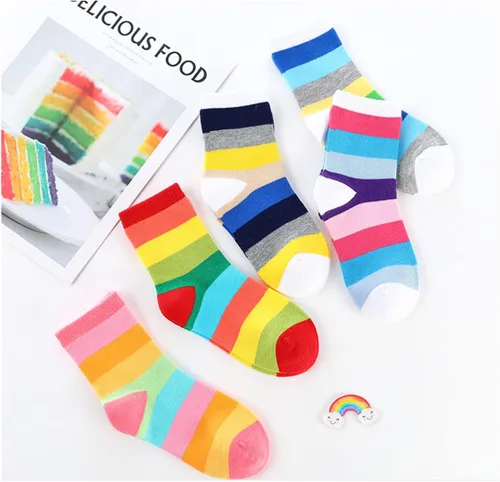 Miniatura 2 de Litomatic Calcetines de algodón sin costuras para niñas, calcetines casuales para niños, calcetines escolares con rayas de arcoíris, paquete de 5