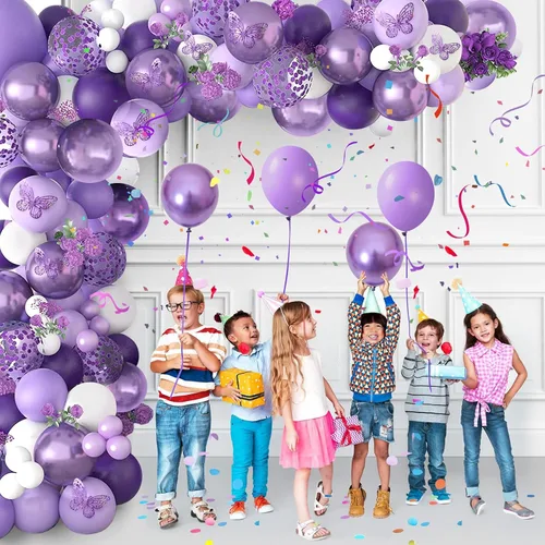 Miniatura 6 de Decoraciones de fiesta de mariposas, decoraciones temáticas de cumpleaños para niñas con kit de arco de globos, telón de fondo de fotografía
