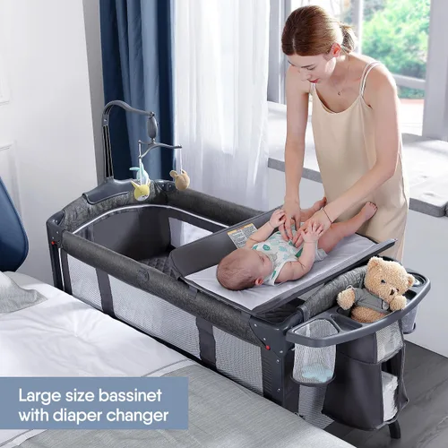 Miniatura 2 de BabyBond Cuna para bebé, cuna de noche, paquete y juego con sábana, cambiador de pañales y móvil de música desde recién nacidos hasta niños Gris