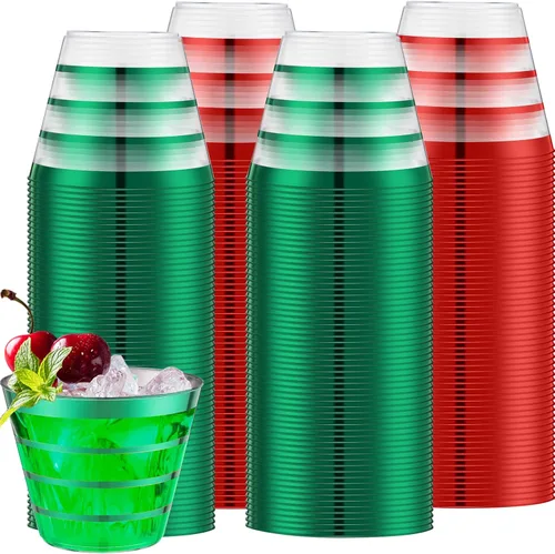 Miniatura 14 de Gejoy 100 vasos de plástico de 9 onzas con borde de Navidad a rayas, desechables a granel, vasos de plástico duro para beber, vasos para bodas, Rojo