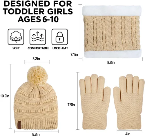Miniatura 6 de Conjunto de gorro de invierno para niños, bufanda y guantes con forro polar para niñas de 1 a 5 años