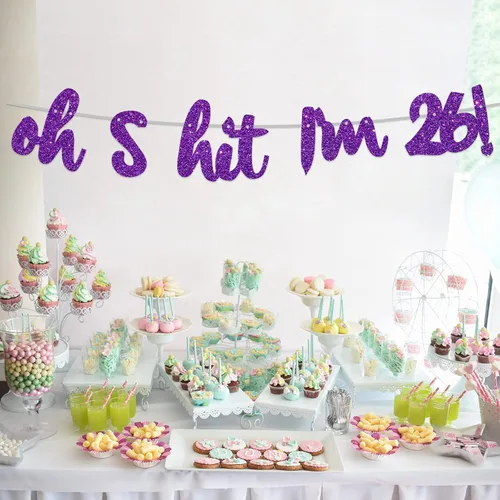 Miniatura 6 de Oh S*it I'm 26! - Pancarta de fondo con purpurina púrpura Hello 26 Cheers to 26 años de edad, decoración temática para hombre y mujer, suministros