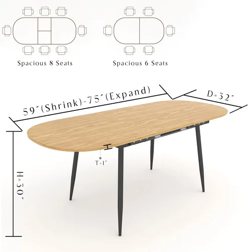 Miniatura 3 de Mesa de comedor extensible de 75 x 32 pulgadas, mesa ovalada de madera con patas de metal, ahorro de espacio, extensible de 59 a 75 pulgadas