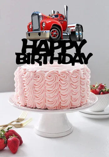 Miniatura 3 de Decoración de pastel de camión pesado, suministros de fiesta temática de transporte de acrílico negro, decoración de pastel de feliz cumpleaños