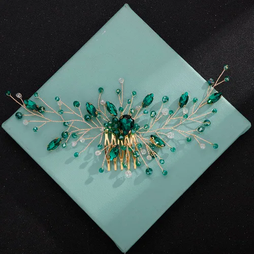 Miniatura 3 de Aimimier Peine para el cabello de cristal verde nupcial, con diamantes de imitación esmeralda, vid de graduación, fiesta, festival, boda, accesorios