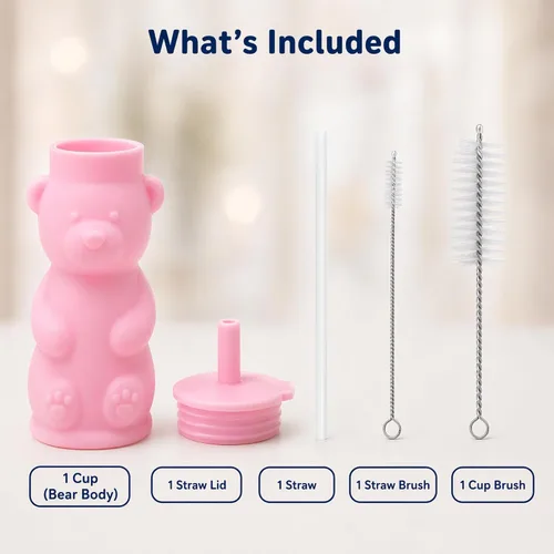 Miniatura 6 de Silipint Honey Bear - Vaso con popote para bebés, tapa suave de silicona de grado alimenticio, apto para lavavajillas, ligero y fácil agarre, Rosa